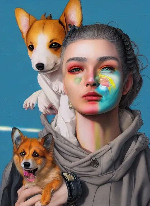 Prompt: beautiful portrait painting of a beautiful attractive Western lofi cyberpunk princess and her corgi assassin king being happy, by Afarin Sajedi, Alessandro Barbucci, Alex Gross, Shin Jeongho, Shohei Otomo. trending on Artstation, 8k, masterpiece, face enhance, graffiti paint, fine detail, full of color, intricate detail, golden ratio illustration