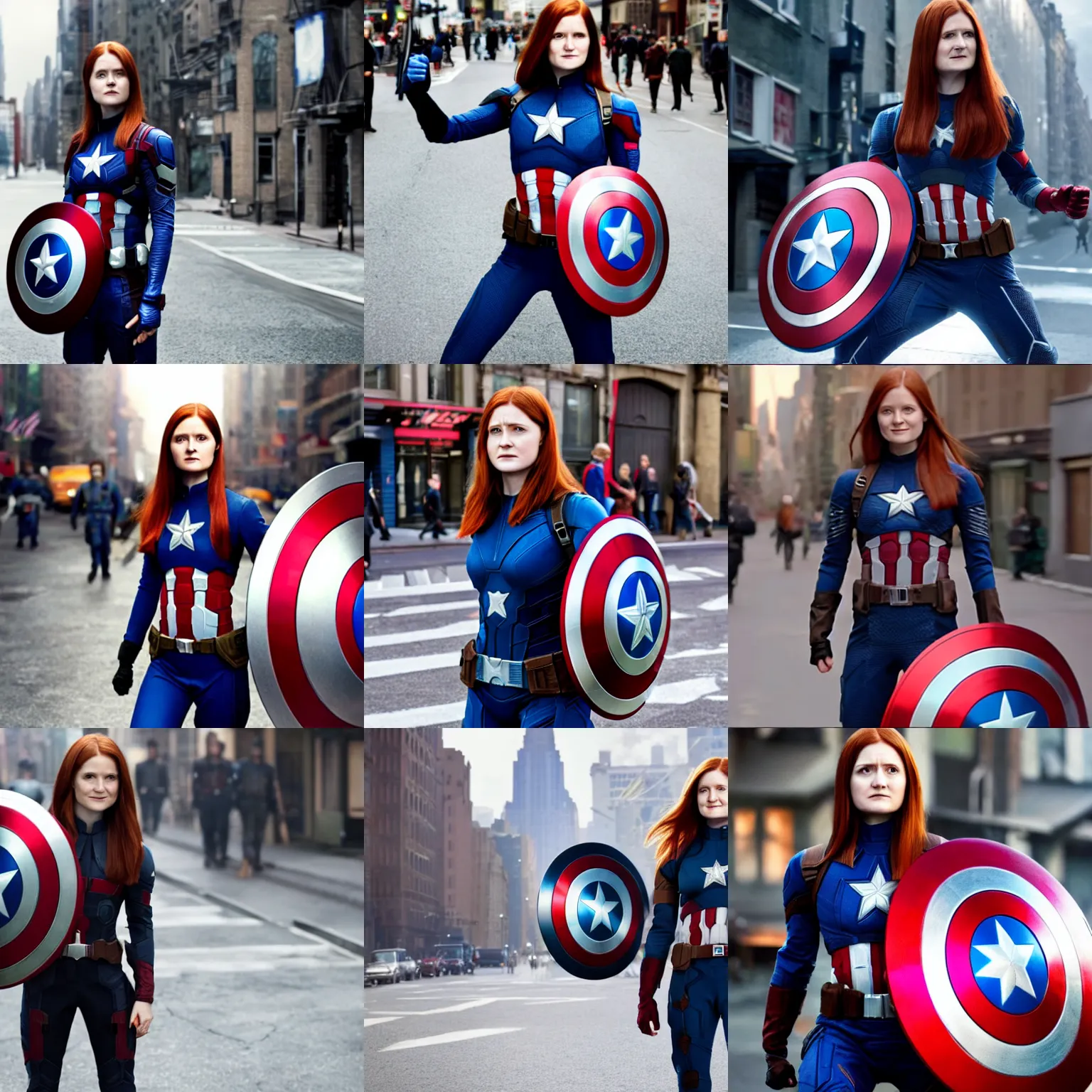 Prompt: Bonnie Wright as Captain America, holding a shield, in a New York street, high quality, 4k, promotional still from 'The Avengers'