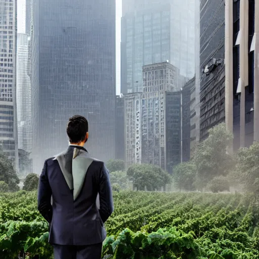 Prompt: The financial district of a misty city is overtaken by growing vines and vegetation. A person in a suit watches from the ground