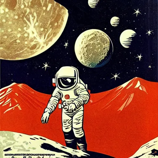 Image similar to Soviet space propaganda poster about planting large marijuana fields on the moon