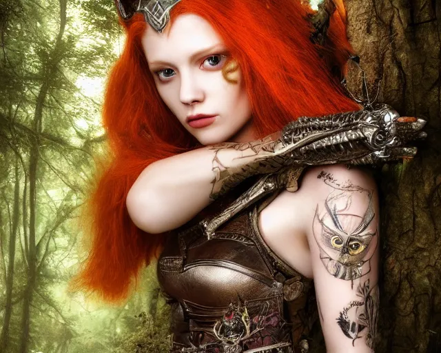 Image similar to 5 5 mm portrait photo of an armored gorgeous anesthetic redhead woman warrior with a face tattoo and horns growing from her head, and owl sitting on her shoulder in a magical forest in the style of stefan kostic, art by luis royo. highly detailed 8 k. intricate. lifelike. soft light. nikon d 8 5 0. cinematic post - processing