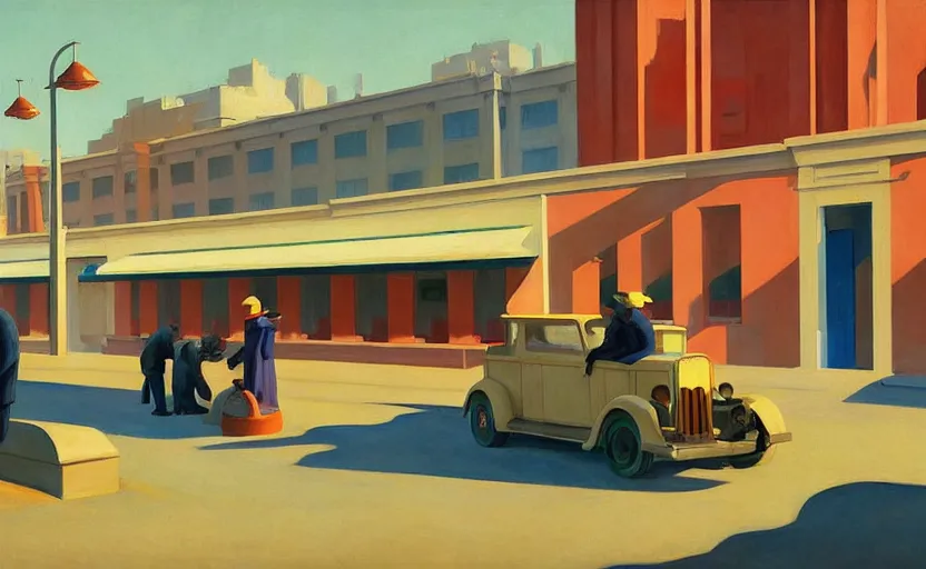 Prompt: Sowers and farmers in a Martian city built in 1930, very coherent, painted by Edward Hopper, painted by James Gilleard, airbrush, art by JamesJean