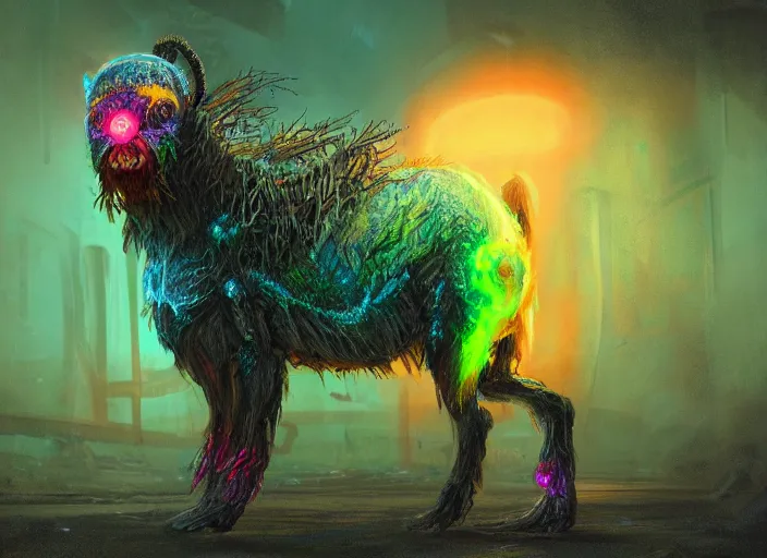 Image similar to detailed full body concept art illustrated colorful bioluminescence pastel painting of a nightmare Chernobyl mutated animal in full intricate detail, ultra detailed, digital art, octane render, 4K, dystopian, micro details