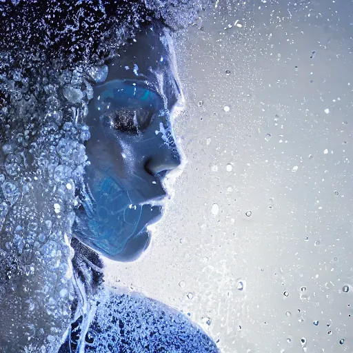 Image similar to futuristic female soldier eyes closed partly submerged in highly viscous clear fluid, frost particles, ice needles, cold blue light, complex hyperdetailed technical suit. white hair flowing. reflection. rays and dispersion of light. volumetric light. 5 0 mm, f / 3 2. noise film photo. ultra realistic, wide angle.