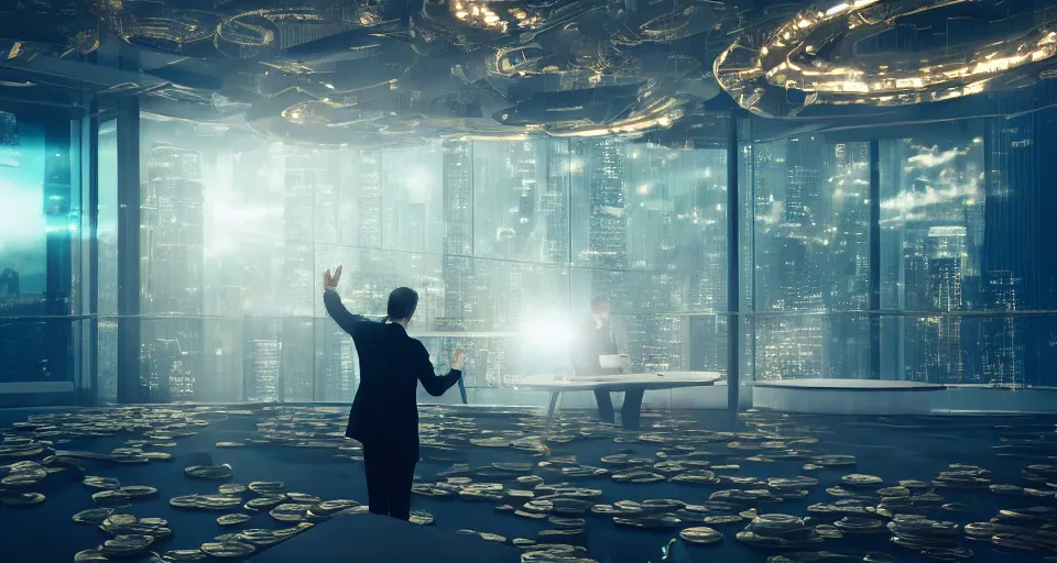 Image similar to Dramatic photo of a CEO waving to a large group of his coworkers in a futuristic office. Golden coins are levitating all around them. 8k, high detail, trending on Artstation, volumetric lighting, cyberpunk