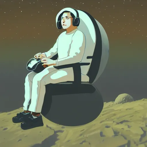 Image similar to medium shot of male wearing headphones sitting on the moon, calm, soothing, relaxed, cosy, quiet, elegant, cybernetic, glows, digital painting, Hayao Miyazaki, realism,