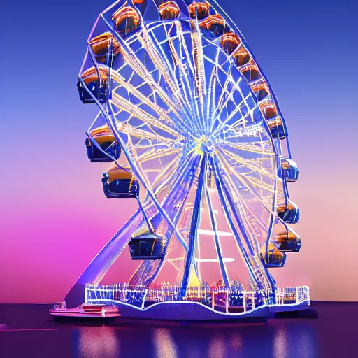 Image similar to one ferris wheel at night, hyperrealistic, concept art, octane render, unreal engine 5, trending on artstation, high quality, highly detailed, 8 k hdr, soft lighting, path traced, starry background, bloom, high coherence, symmetrical, high contrast, digital art, serene landscape, cinematic