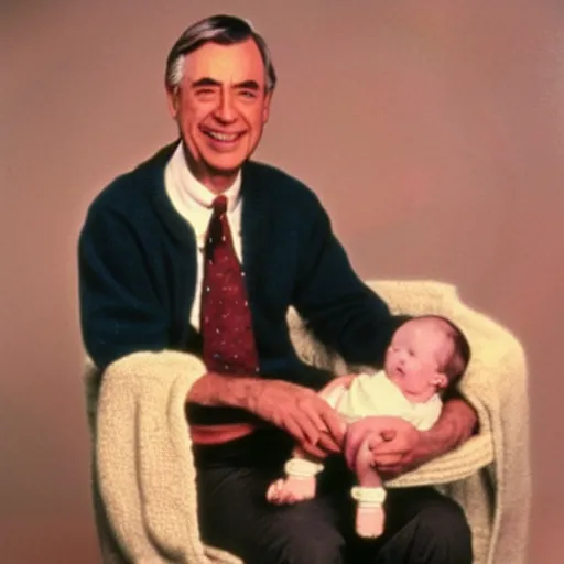 Image similar to mr. rogers proudly displaying an upside - down infant. 1 9 7 0 s studio color photo.