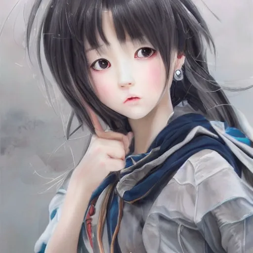 Image similar to dynamic composition, motion, ultra-detailed, incredibly detailed, a lot of details, amazing fine details and brush strokes, colorful and grayish palette, smooth, HD semirealistic anime CG concept art digital painting, watercolor oil painting of a young C-Pop idol girl, by a Chinese artist at ArtStation, by Huang Guangjian, Fenghua Zhong, Ruan Jia, Xin Jin and Wei Chang. Realistic artwork of a Chinese videogame, gradients, gentle an harmonic grayish colors.