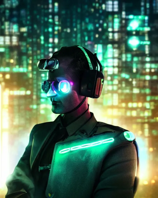 Image similar to photo of lieutenant columbo as a cyborg, advanced technology, cyberpunk background, neon lights, scifi, moody, atmosphere, professionally color graded, sharp focus, 8 k high definition, insanely detailed, intricate