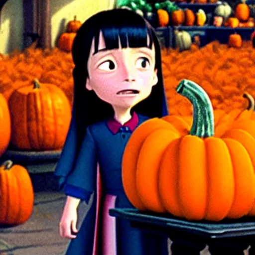 Image similar to a portrait of pretty vampire shopping for pumpkins, pixar, studio ghibli,