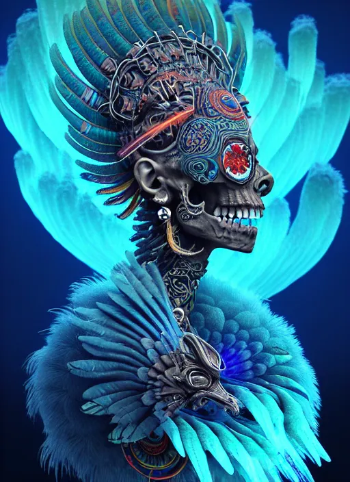 Image similar to 3 d shaman with tattoos profile portrait, sigma 5 0 0 mm f / 5. beautiful intricate highly detailed quetzalcoatl skull and feathers. bioluminescent, plasma, frost, water, wind, creature, gradient background, thunderstorm! artwork by tooth wu and wlop and beeple and greg rutkowski, 8 k trending on artstation,