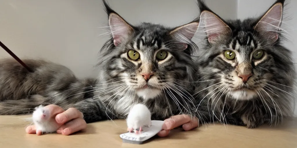 Image similar to a wise old maine coon explaining the beauty of mathematics to a mouse