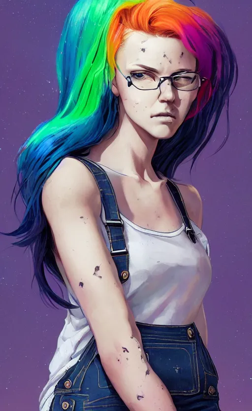 Prompt: a woman with rainbow hair, drunk, angry, soft eyes and narrow chin, dainty figure, long hair straight down, torn overalls, short shorts, combat boots, basic white background, side boob, symmetrical, single person, style of by Jordan Grimmer and greg rutkowski, crisp lines and color,