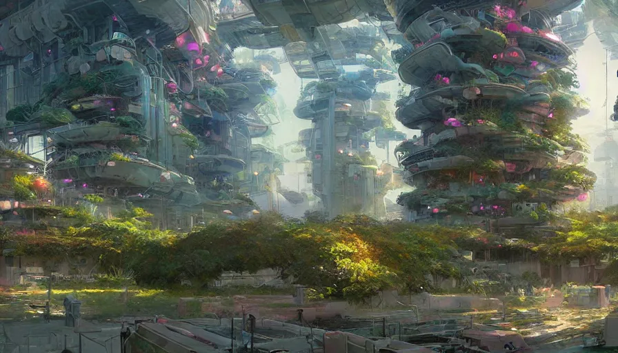 Prompt: craig mullins and ghibli digital illustration organized solarpunk tall vertical farms under an invisible force field, scifi hydroponics, astrophotography, colorful, unreal engine, hyper realism, realistic shading, cinematic composition, realistic render, octane render, detailed textures, photorealistic, wide shot