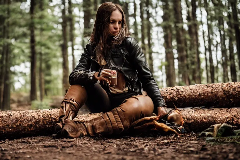 Image similar to girl with in a tan trenchoat a motorcycle, sitting on a log drinking tea alone by the campfire, night in a dark forest, cinematic lighting, low angle photography, wide shot, hyperrealistic, 8k