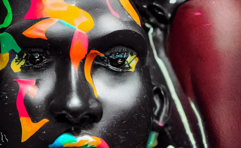 Image similar to close up portrait of extremely beautiful female black marble statue in the style of virgil abloh, colorful motocross logos behind her, sharp focus, clear, detailed,, cinematic, detailed, off white, glamourous, symmetrical, vogue, editorial, fashion, magazine shoot, glossy