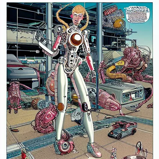 Image similar to a beautiful highly detailed futuristic mechanical lady, cyberpunk garage on jupiter, filled with people,, art by geof darrow,