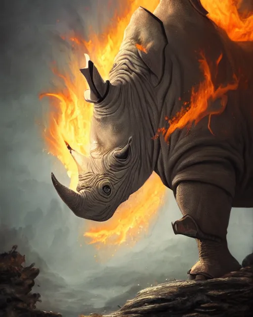 Image similar to oil painting of Anthropomorphized Rhino, wearing fur cloak, sharp focus, holding gigantic burning Axe, warrior clothes, heroic pose, dramatic artwork, fantasy style, octane render, volumetric lighting, 8k high definition, by greg rutkowski, highly detailed, trending on art Station, magic the gathering artwork, burning fire Battlefield background, centered