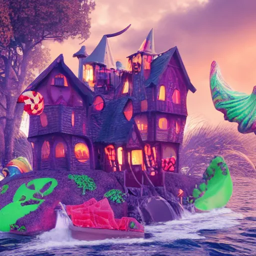 Image similar to a witches house made out of candy on the ocean, epic scene, fantasy, redshift render, cgi, hyper - detailed, photo - bash, 8 k post - production, masterpiece