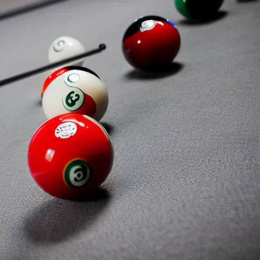 Prompt: Billiard balls on a billiard table, photograph, Sigma 85mm f/1.4, award winning