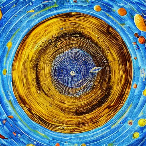 Prompt: olive oil and vinegar drizzled on a plate in the shape of the solar system, oil on canvas, intricate, 8k highly professionally detailed, HDR, CGsociety