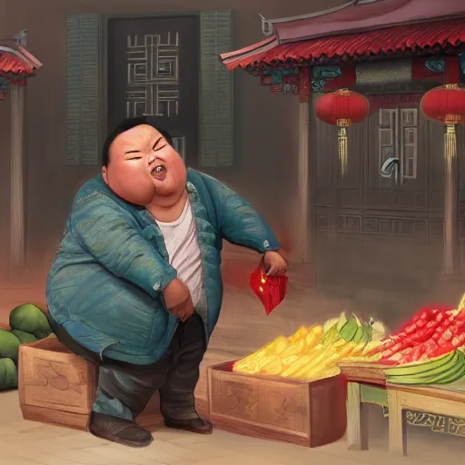 Prompt: a chinese fat guy being stabbed by a long blade in a melon stall.digital art,trending on artstation.