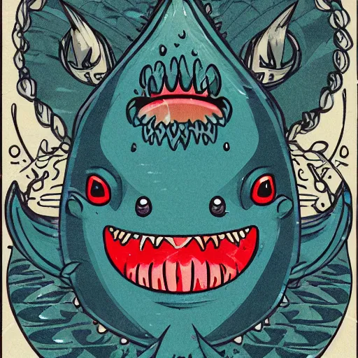 Image similar to illustration of an angler fish, in the stle of yoshi yoshitani, deep sea, large mouth filled with pointed teeth, stylized linework, ornamentation, artistic, color