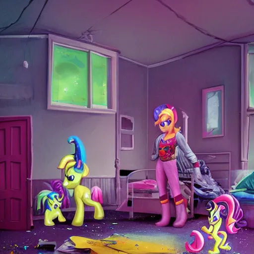 Image similar to hazmat team removes crusty stained sock from messy bedroom with my little pony posters on wall, digital art, cosmic, 3 d high definition, trending on artstation, photorealistic, high resolution, vray, 8 k, octane, trending on, hdr, hyper detailed, insane details, intricate, elite, ornate, elegant, unreal engine