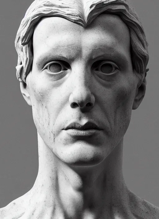 Image similar to a statue made of white marble with gold veins, of john linnell from they might be giants, transhumanism, full body shot, perfect symmetrical body, perfect symmetrical face, hyper realistic, hyper detailed, by johannen voss, by peter kemp, by monia merlo, by michelangelo, octane render, blender, 8 k