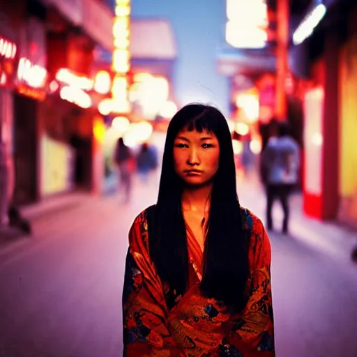 Prompt: woman, beautiful asian, standing in front of the camera, emotionless, night street, staring at the camera, blue and red, city lights, by steve mccurry, photograph, portrait