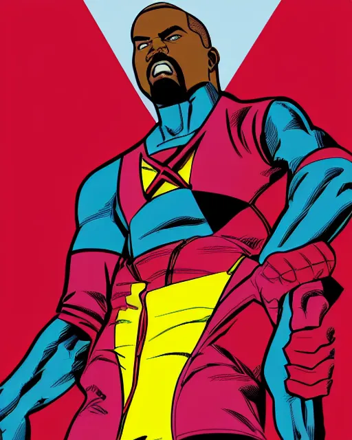 Image similar to Marvel Comics (1990s) X-Men comic book cartoon illustration of Kanye West on red background