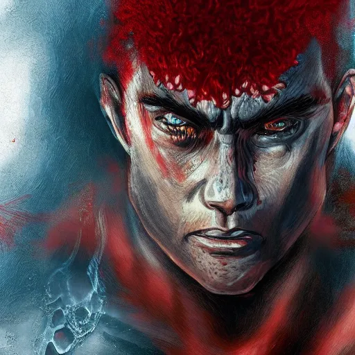 Image similar to portrait of guts from berserk submerged in red water, extremely detailed, made by Justin Fields artstation