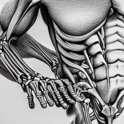 Image similar to a very detailed pencil drawing of an anatomically correct skeleton and muscular structure 4 k, high resolution, still, landscape, hd, dslr, hyper realistic, sketch