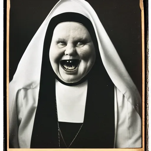 Prompt: antique photograph of an evil catholic nun, cracked and faded photo paper, morbidly obese, crazy eyes wide open, horror, staring at the camera, evil smile, sharp teeth, headshot, dark background, low light, dark