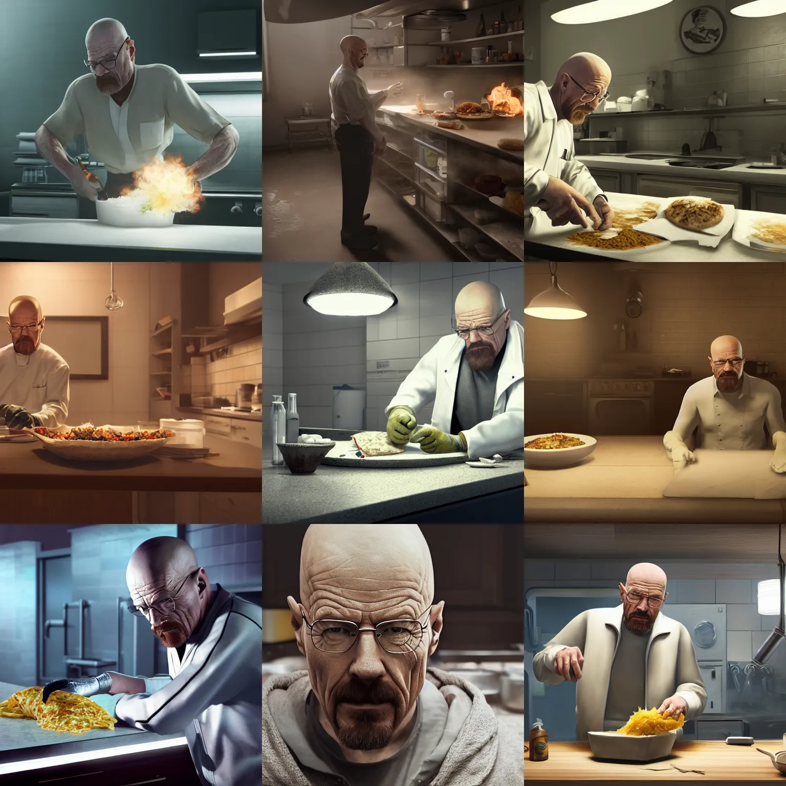 Prompt: walter white making a burrito, concept art by senior character artist, cgsociety, photorealism, reimagined by industrial light and magic, rendered in unreal engine, official art