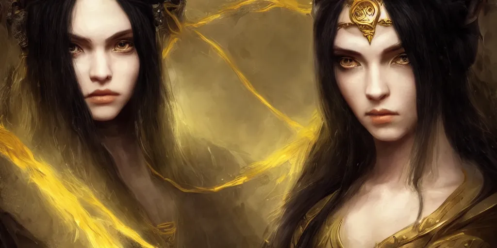 Image similar to portrait of a young beautiful priestess with long black hair weavering golden strings of magic, barroque painting, ultra realistic. cinematic, dynamic. magic the gathering style. epic fantasy, insanely detailed, 4k, symmetrical face, rpg character reference. gourgeous.