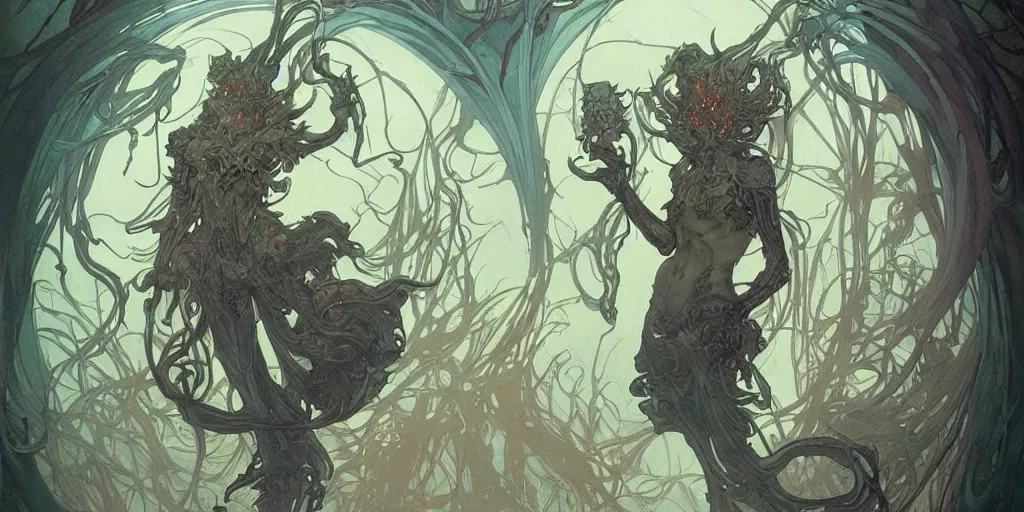 Image similar to epic concept illustration of a fungus demon, by james jean, by artgerm and greg rutkowski and alphonse mucha. uhd, amazing depth, cinematic lighting, glossy wet levitating floating fungus god with arms outstretched.