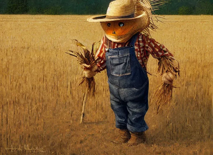 Prompt: a cute short and wide scarecrow with straw for hair and with a straw hat in overalls walking on a dirt road next to a large tall corn field, by tom lovell, ross tran, terry redlin, jean baptiste monge, greg rutkowski, painterly