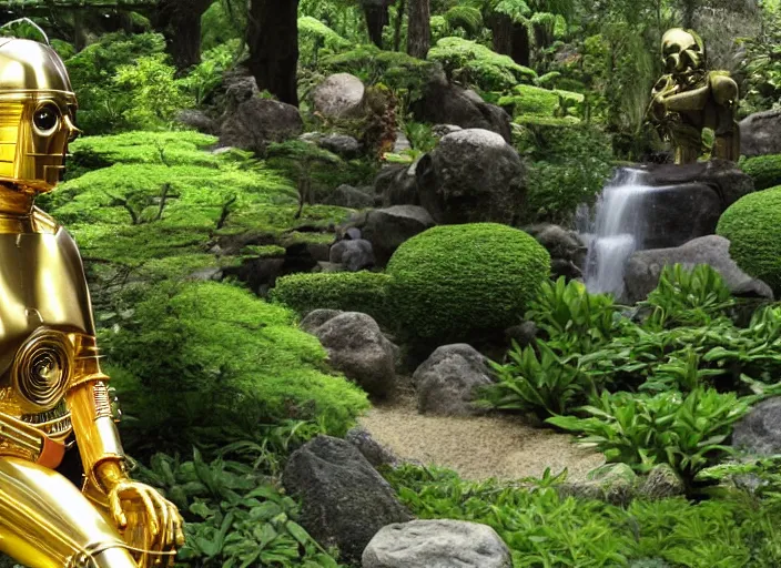 Prompt: C-3PO sitting in a lush japanese garden, C-3PO is holding a machine gun, waterfall, bright sun, still from star wars, shot on film, depth of field, nature show, incredible detail, dramatic lighting