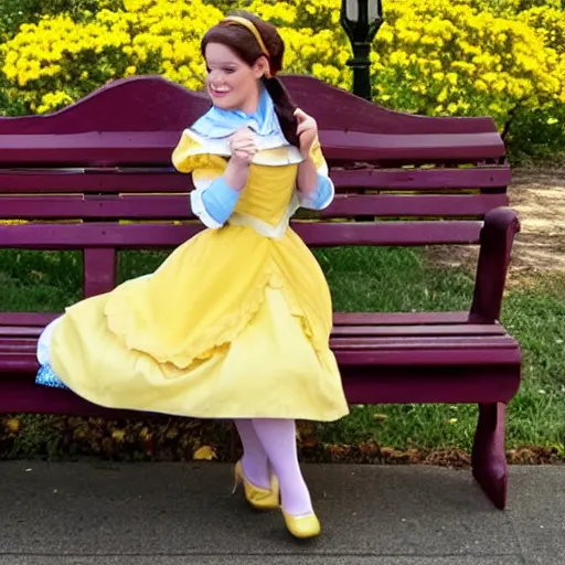 Image similar to Belle from Disney's Beauty and the Beast playing with an iPhone while sitting on a bench in a park. She has on a white summer dress with yellow accents and a blue ribbon in her hair.