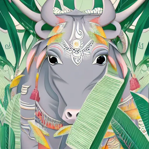 Prompt: gray paper + an intricate cute bull depiction + elaborate illustration, very detailed, deviantart, 8 k vertical wallpaper, tropical, colorful, airy, anime illustration, anime nature