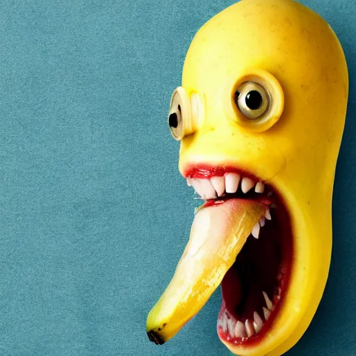 Image similar to a banana with a huge mouth and sharp teeth eating itself