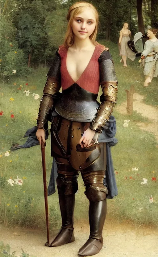 Image similar to annasophia robb in medieval armour, bowl haircut, bouguereau and waterhouse