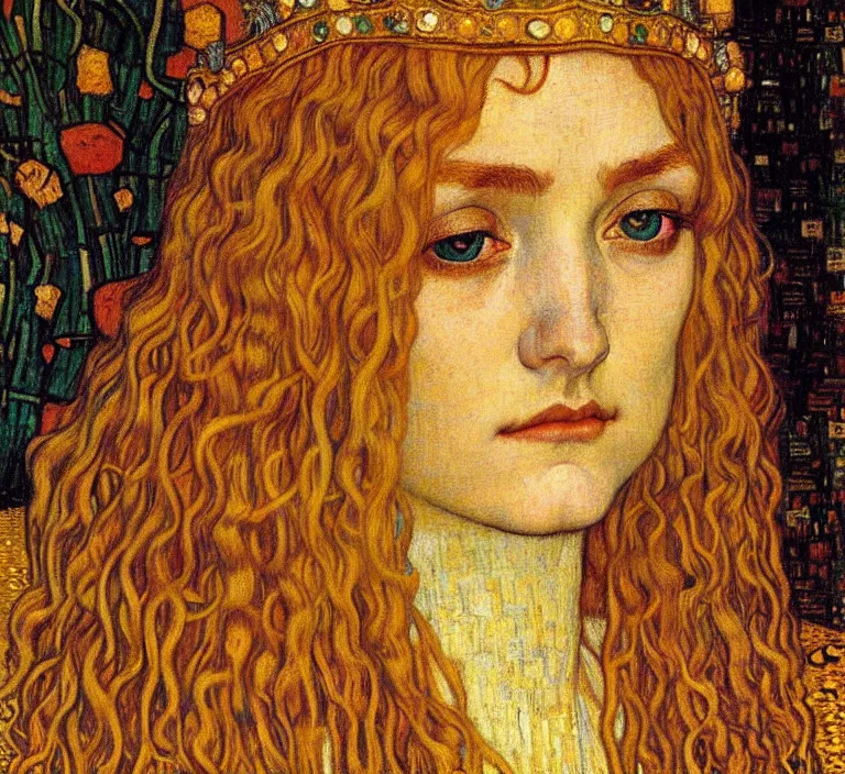 Image similar to detailed realistic beautiful young medieval queen face portrait by jean delville, gustav klimt and vincent van gogh, art nouveau, symbolist, visionary, gothic, pre - raphaelite, muted earthy colors, desaturated