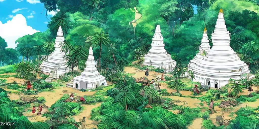 Prompt: sri lankan white stupa hidden in the jungle village, rule of thirds, drawn by hayao miyazaki