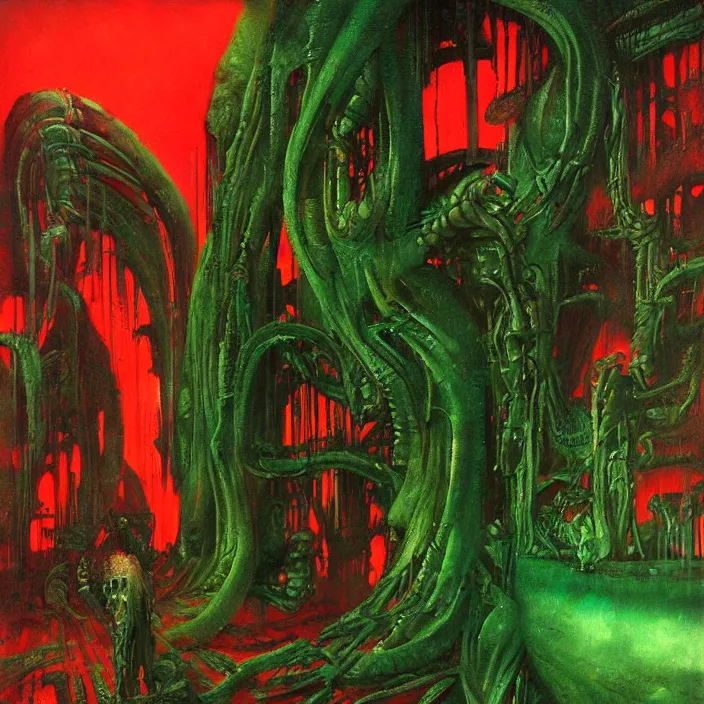 Prompt: gargantuan disappointment of crying souls, red and green palette, by ( h. r. giger ) and paul lehr