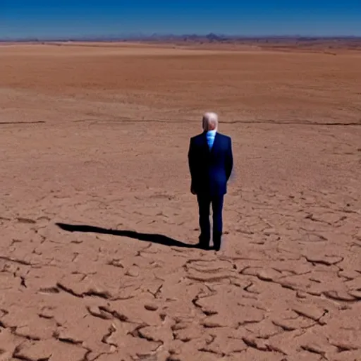 Image similar to a far away shot of Joe Biden standing in the middle of the desert