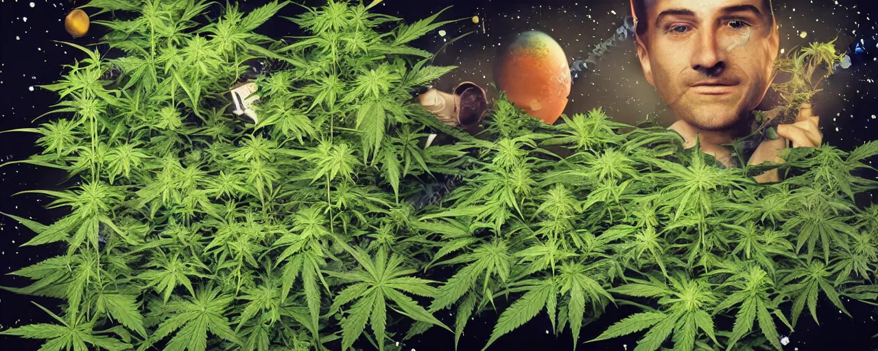 Image similar to apollo astronautsgrowing weed in space, marijuana plants, cannabis leaves, realistic faces, fine detail, retro color photography