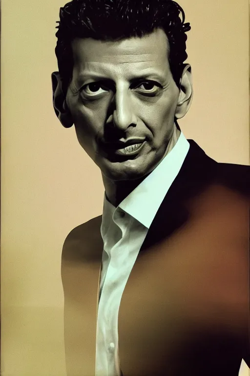 Prompt: double exposure composite portrait of jeff goldblum, floating head portrait, one profile and one facing, jc penney studio 1 9 8 5, color